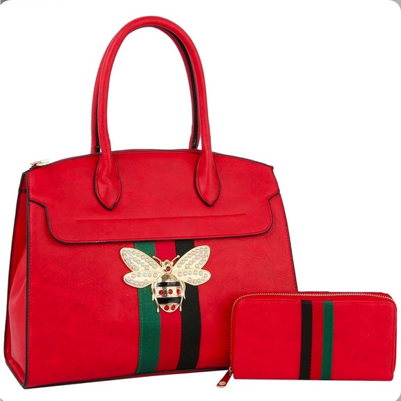 Elegant Red Designer Handbag and Wallet Set